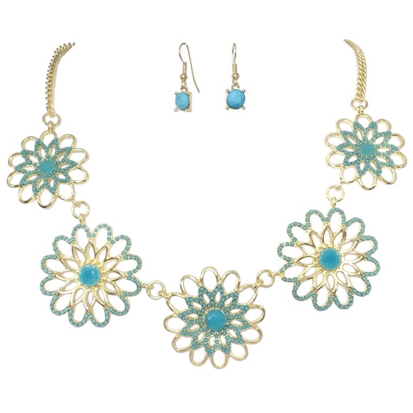 Fashion Jewelry Jewelry - Aqua Blue Dot Open Daisy Necklace Earrings Set